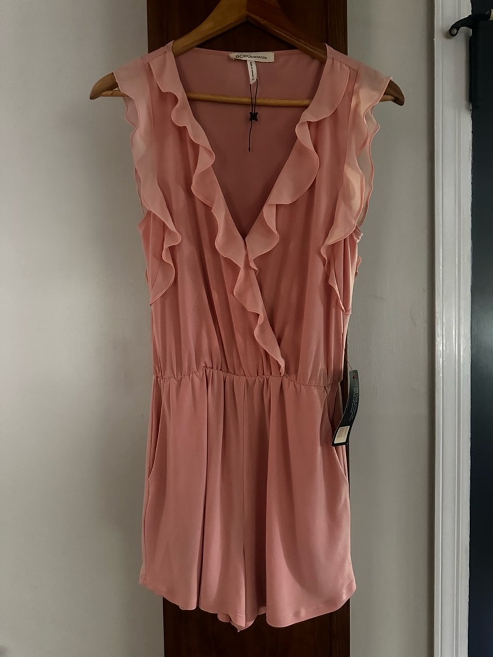 BCBGeneration Blush Pink Ruffle V-Neck Romper